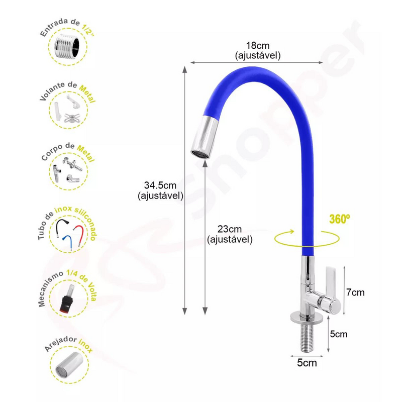 Torneira Flexível Monocromática Para Cozinha Gourmet AZUL - Sorte Luz