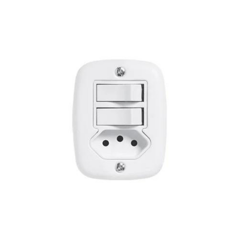 Interruptor 2 Teclas Simples + Tomada 2 Pinos + Terra 10A 250V SobrePlus Branco - Pluzie