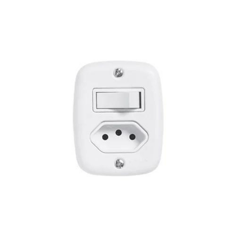 Interruptor Simples + Tomada 2 Pinos + Terra 10A 250V SobrePlus Branco - Pluzie