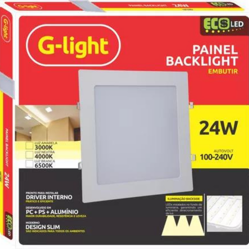 Plafon Painel Slim Quadrado Embutir 24W 6500k - G-light